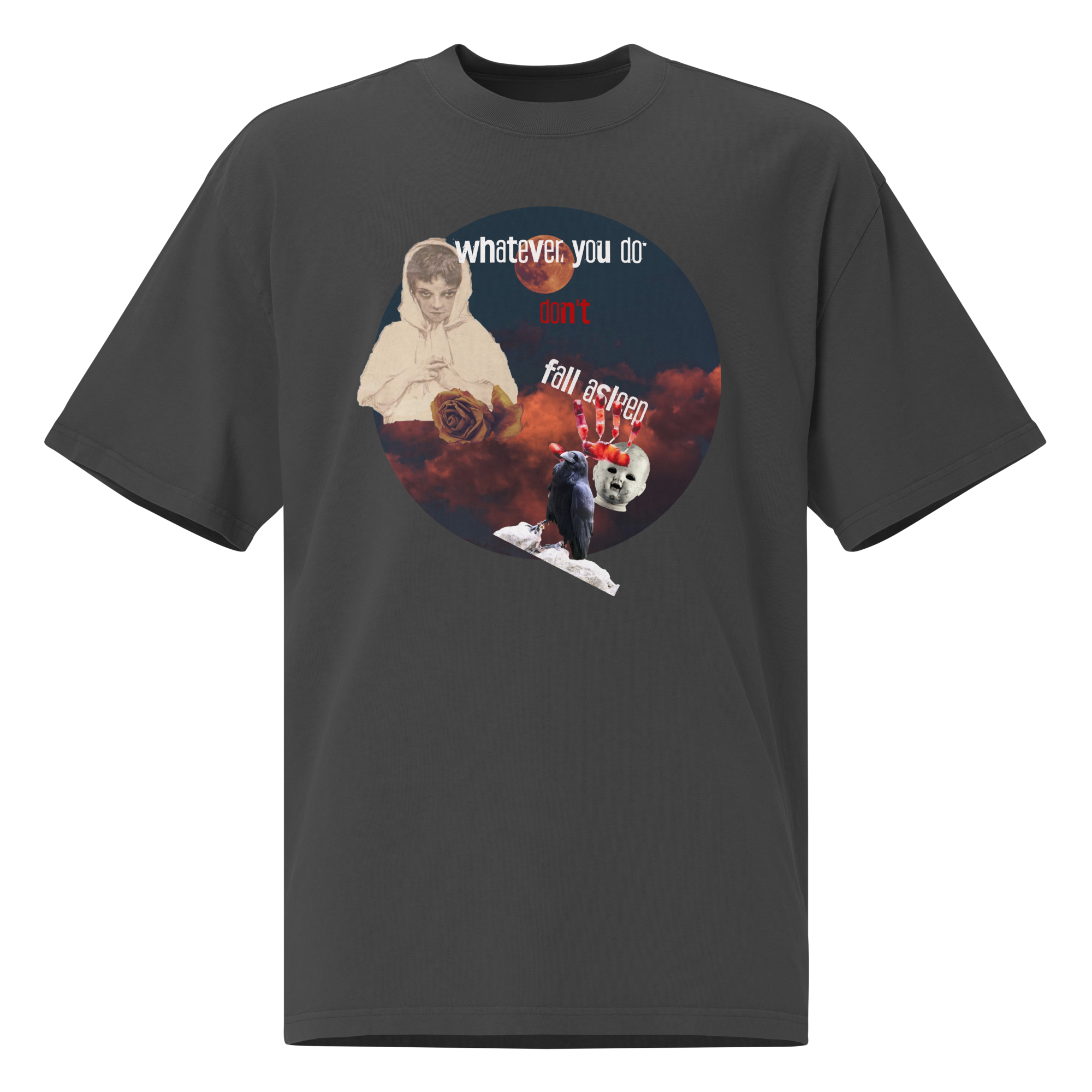 Whatever You Do Don't Fall Asleep Collage Horror Oversized Faded T-Shirt